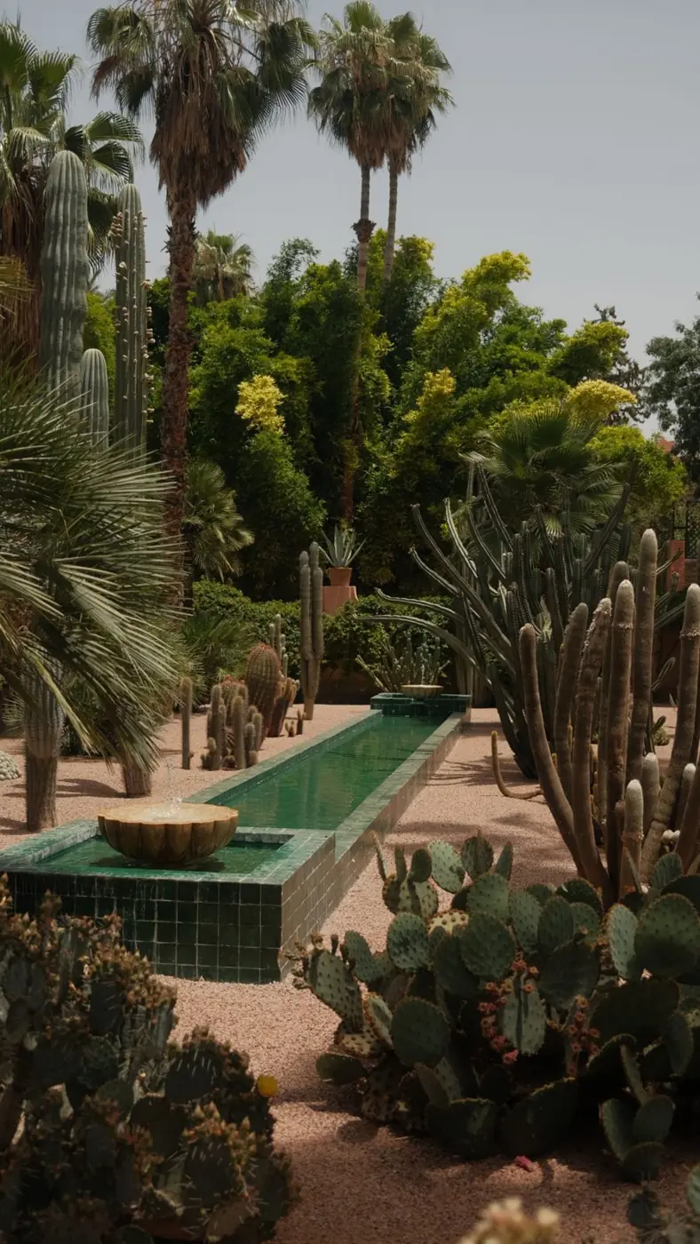 Jardín paisajístico con palmeras, cactus y fuente